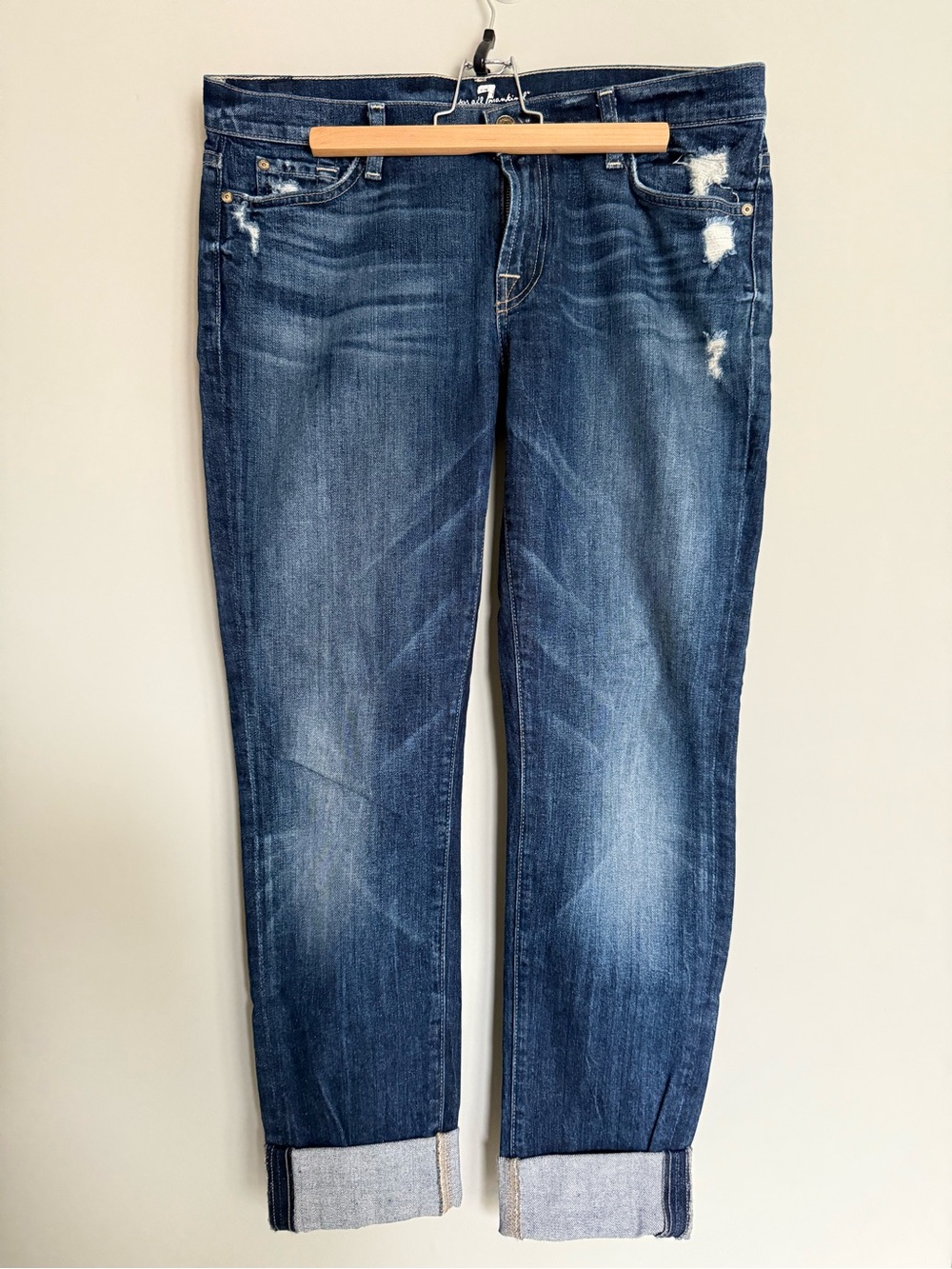 7 For All Mankind Dark Blue Low Rise straight leg Jeans with Cuffed Hem